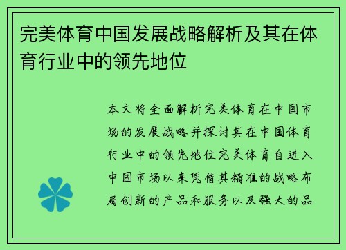 完美体育中国发展战略解析及其在体育行业中的领先地位